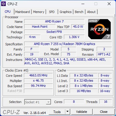 minisforum x1 lite ryzen 7 255 cpuz