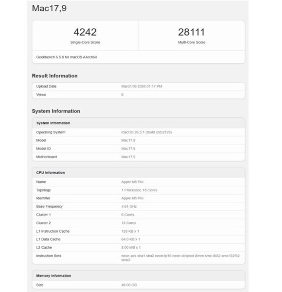 Apple M5 Pro šokirao benchmark testove_ 18 jezgri koje nadmašuju M4 Max i pariraju M3 Ultra procesoru_4
